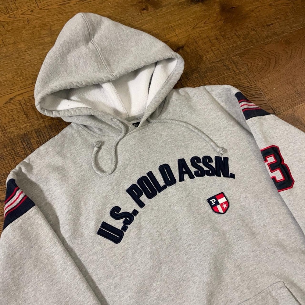 U.S. Polo Assn. Hoodie Mens L Grey Preppy Vintage Pullover Striped Trim